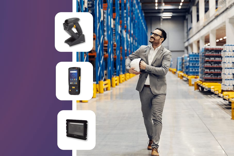 Newland cordless scanner, mobile computer and fixed-mount scanner beside a person walking through a warehouse