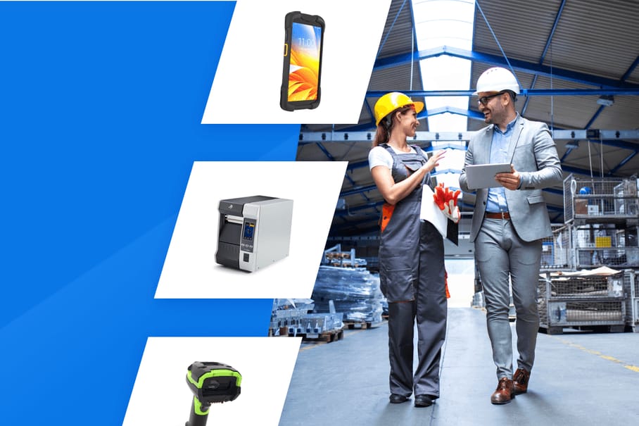 Zebra mobile computer, industrial label printer and rugged scanner beside two people walking through a warehouse