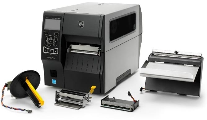 Zebra ZT400 series printer shown with its options laid out