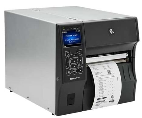 Zebra ZT420 wide industrial barcode printer with colour display and a wide label