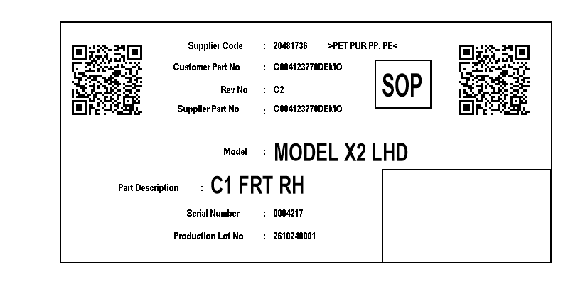 Example automotive customer part label with part number, revision, serial number, production lot and two QR codes