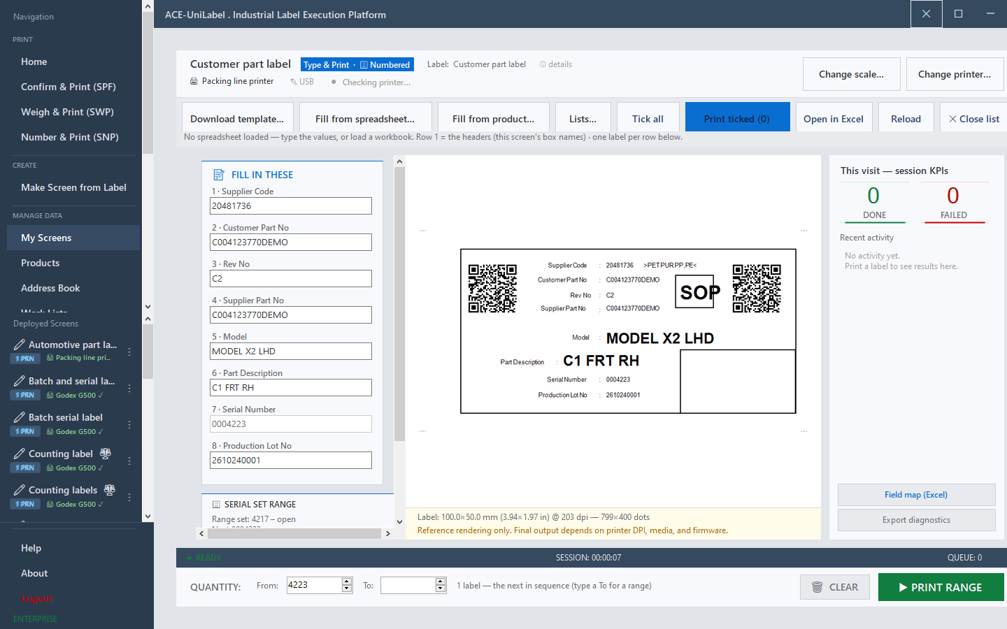 ACE-UniLabel print screen for an automotive part label with a serial number range