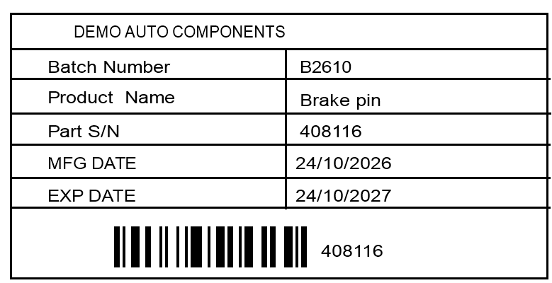 Example batch and serial label with product name, part serial number, made-on and expiry dates and a Code 128 barcode
