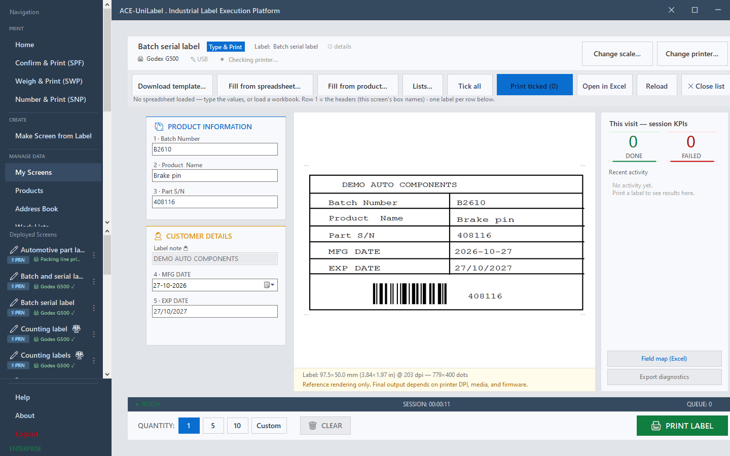 ACE-UniLabel print screen for a batch and serial label with a proposed expiry date