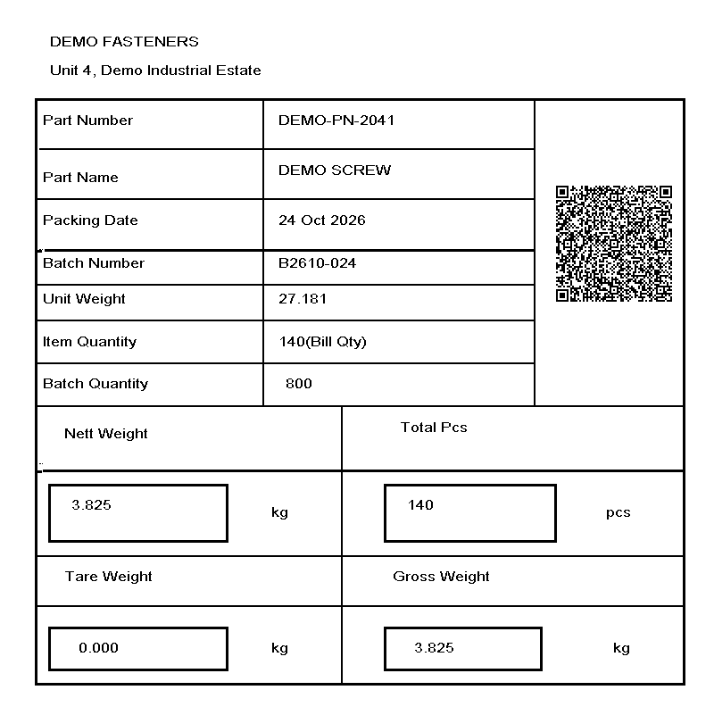 Example counting label with part number, batch, unit weight, quantities, net, tare and gross weight and a QR code