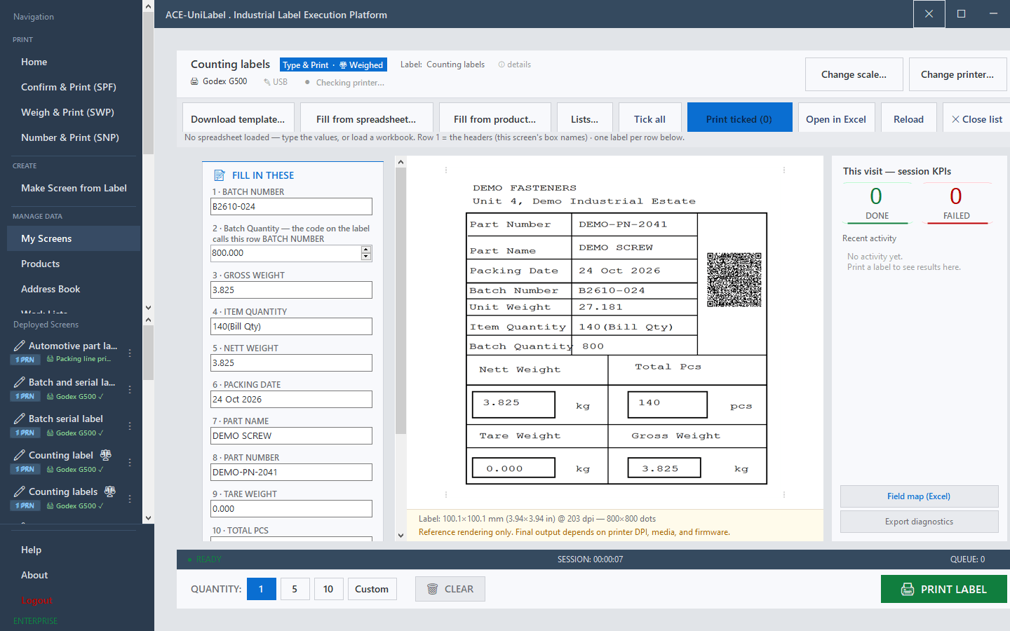 ACE-UniLabel print screen for a counting label marked Weighed
