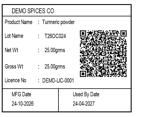 Example food pack label with product name, lot, net and gross weight, licence number, made-on and use-by dates and a QR code