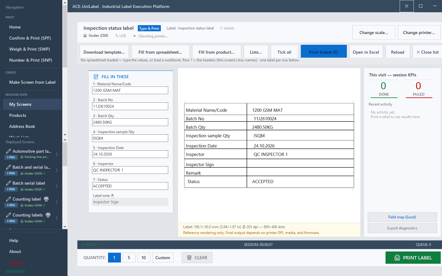 ACE-UniLabel print screen for an incoming inspection label with material, batch, inspector and status fields