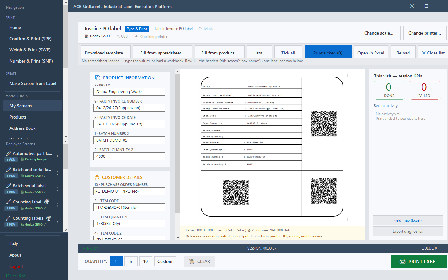 ACE-UniLabel print screen for an invoice and PO label with product information and customer details