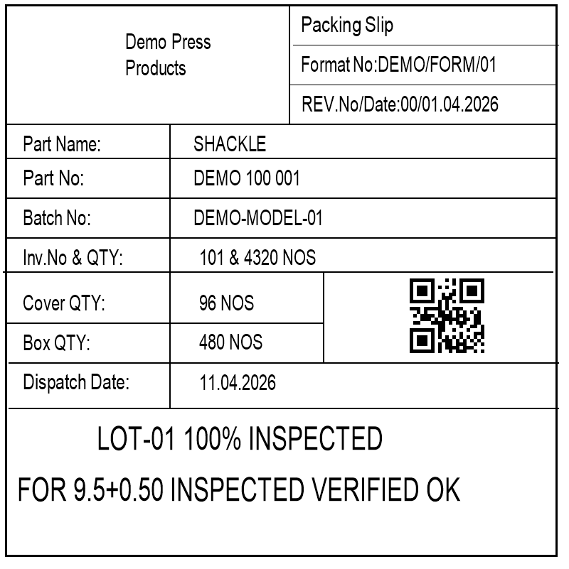 Example packing slip label with part name, part number, batch, invoice and quantity, cover and box quantity, dispatch date and a QR code