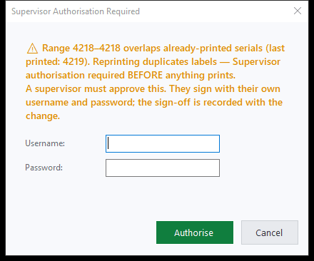 ACE-UniLabel stopping a serial number range that overlaps printed numbers until a supervisor signs