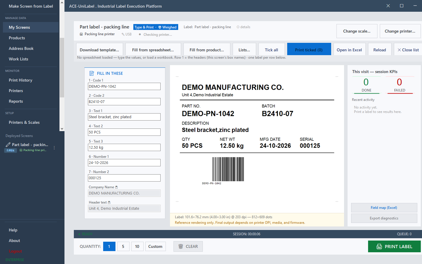 ACE-UniLabel operator print screen with fields, live label preview and Print Label button