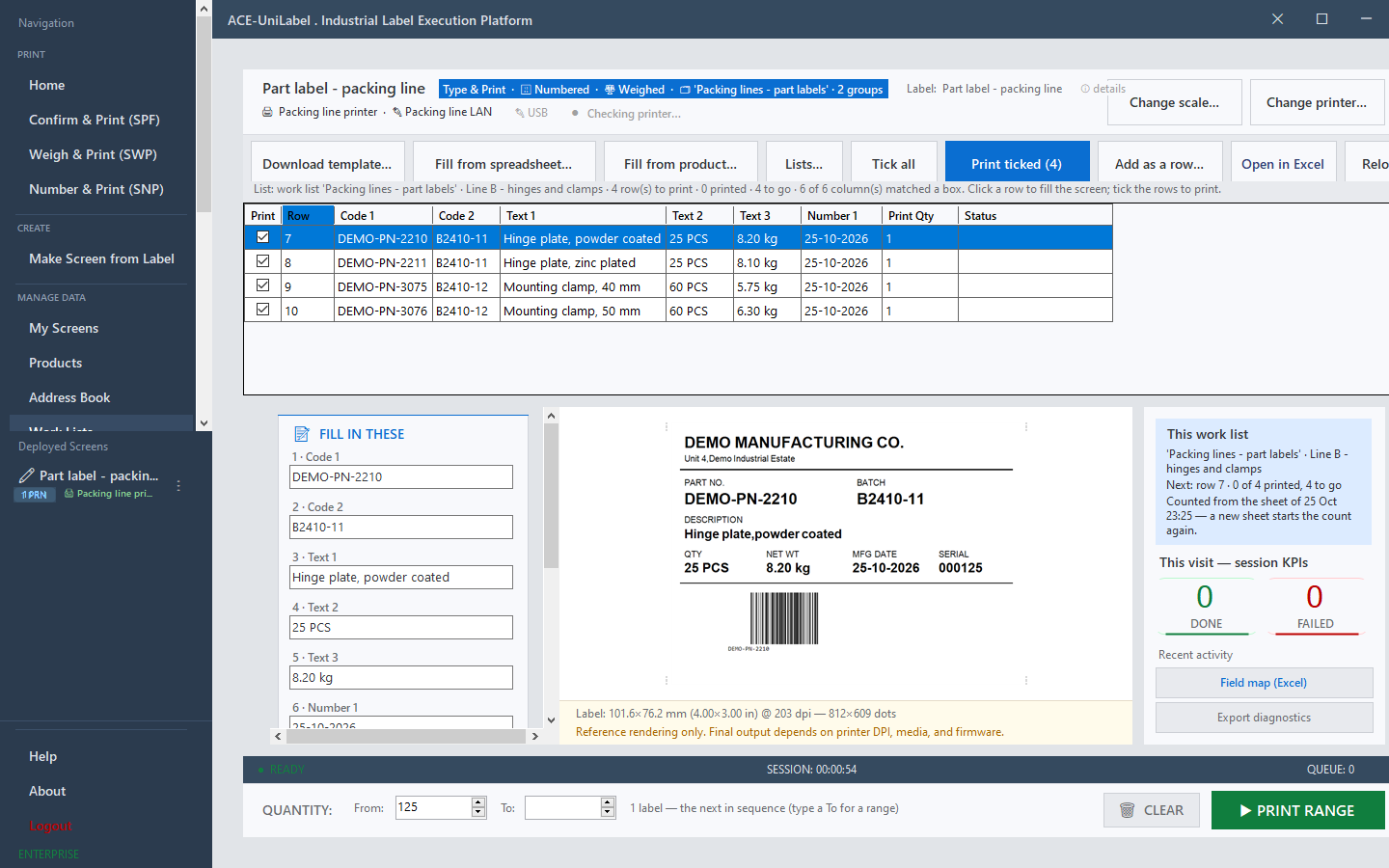 Work list rows loaded on the ACE-UniLabel print screen with a live label preview