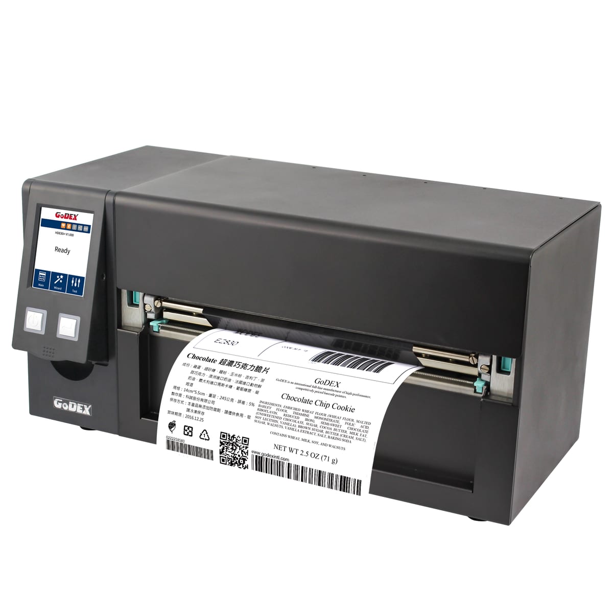 Godex HD830i+ 8-inch wide industrial label printer printing a wide label