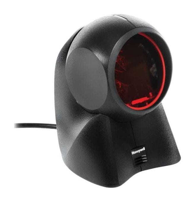 Honeywell Orbit 7190g presentation scanner in black, three-quarter front view of the red scan window, with its cable