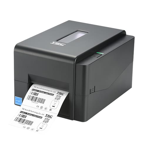 TSC TE210 desktop barcode printer, front view printing labels