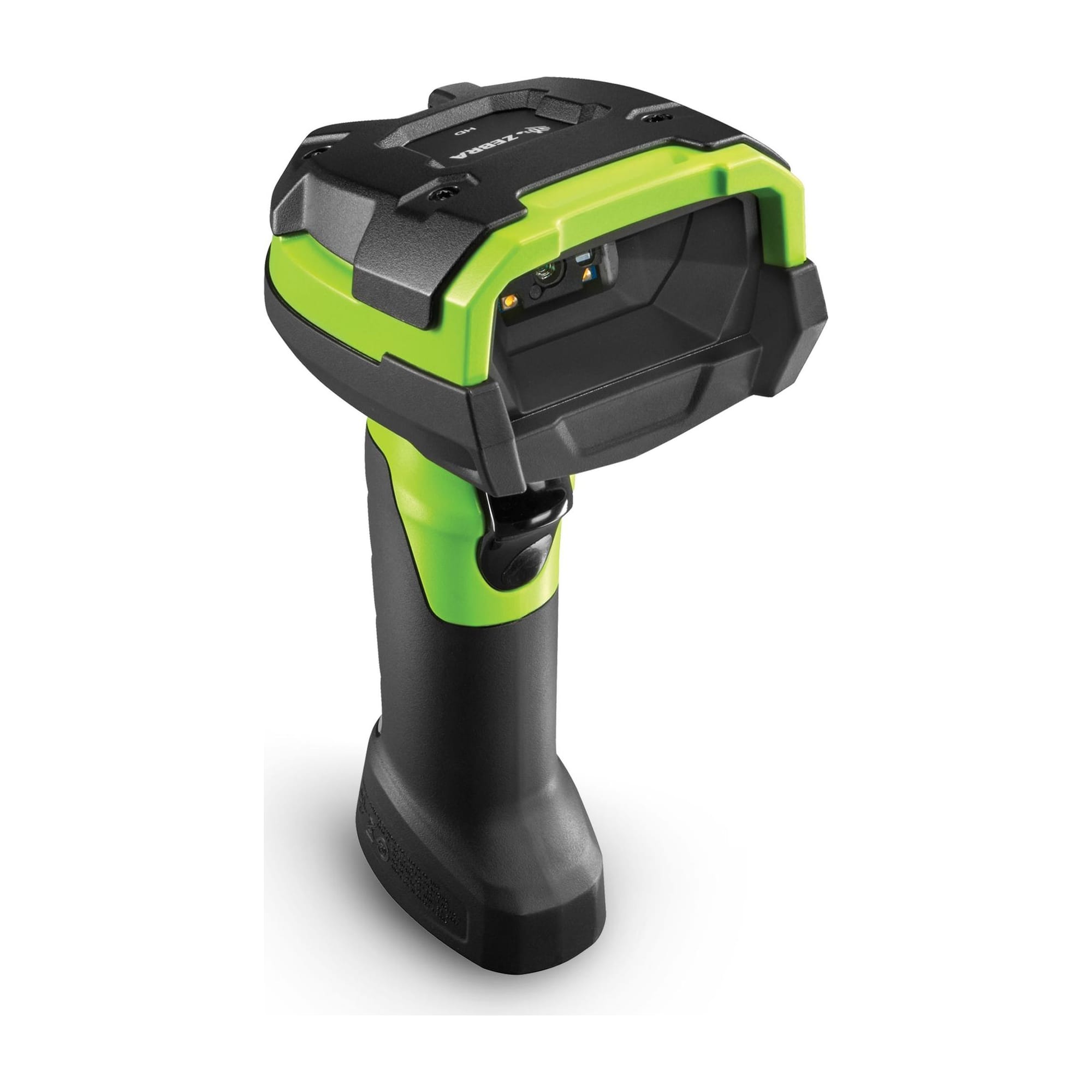 Zebra DS3600 Series ultra-rugged handheld scanner in industrial green and black, front three-quarter view of the recessed scan window and trigger