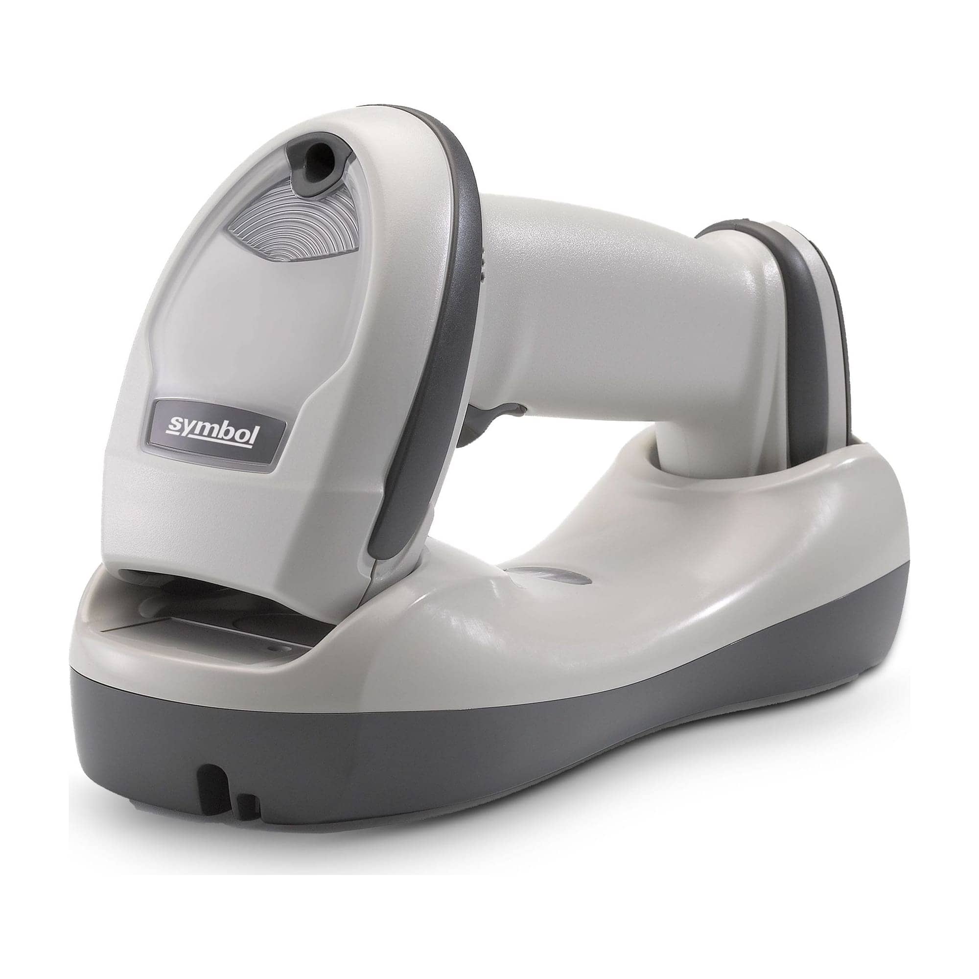 Zebra LI4278 cordless 1D linear imager in white with the Symbol badge, seated in its charging cradle