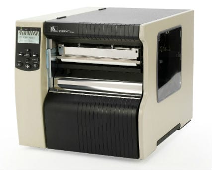 Zebra 220Xi4 wide industrial barcode printer, front-left view