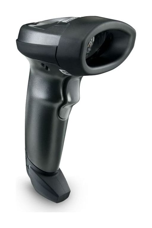 Zebra LI2208 handheld linear imager scanner in black, three-quarter front view of the scan window and trigger