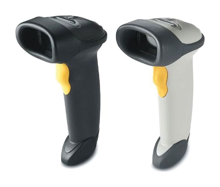 Two Zebra LS2208 handheld laser scanners, one black and one white, each with a yellow trigger