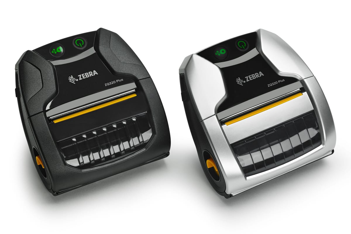 Two Zebra ZQ320 Plus mobile receipt and label printers, standard and outdoor versions