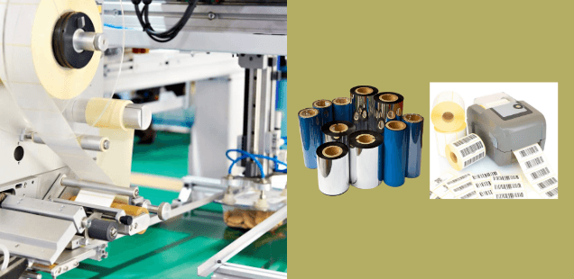 A labelling machine, barcode ribbons and label rolls beside a label printer