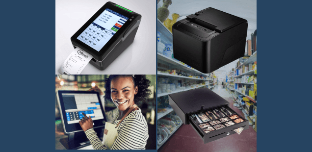 POS terminals, a receipt printer and a cash drawer